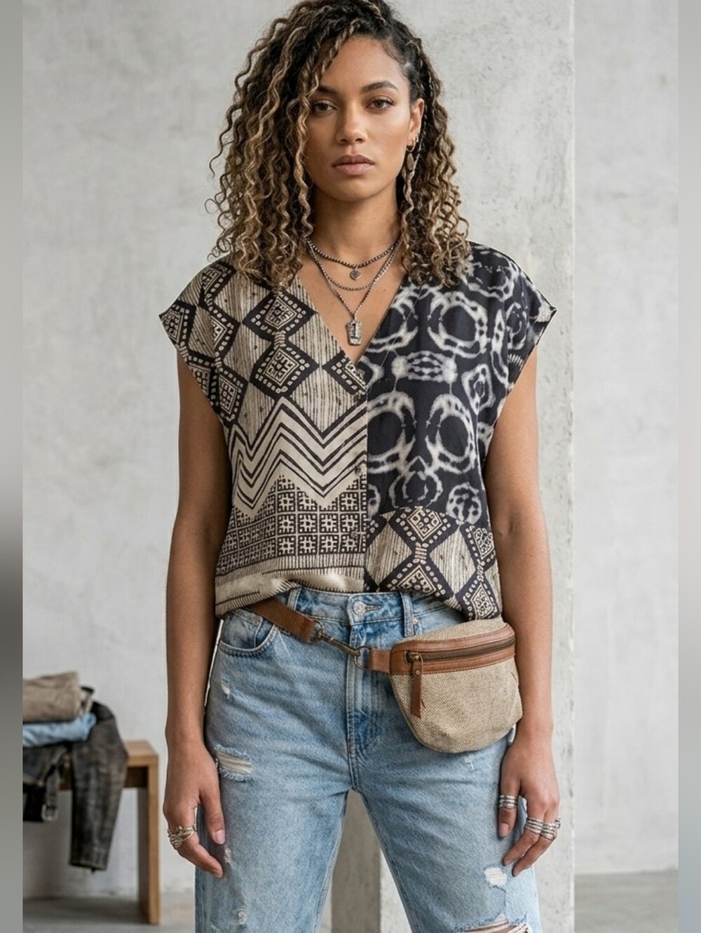 ​DA-NANG Boheme 100% Silk Geometric Mixed Print Blouse Top Size Large V-Neck